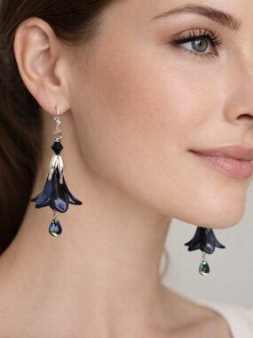 Smokey Purple Hand Painted Lucite Flower Earrings, Crystal, Filigree Silver Cap